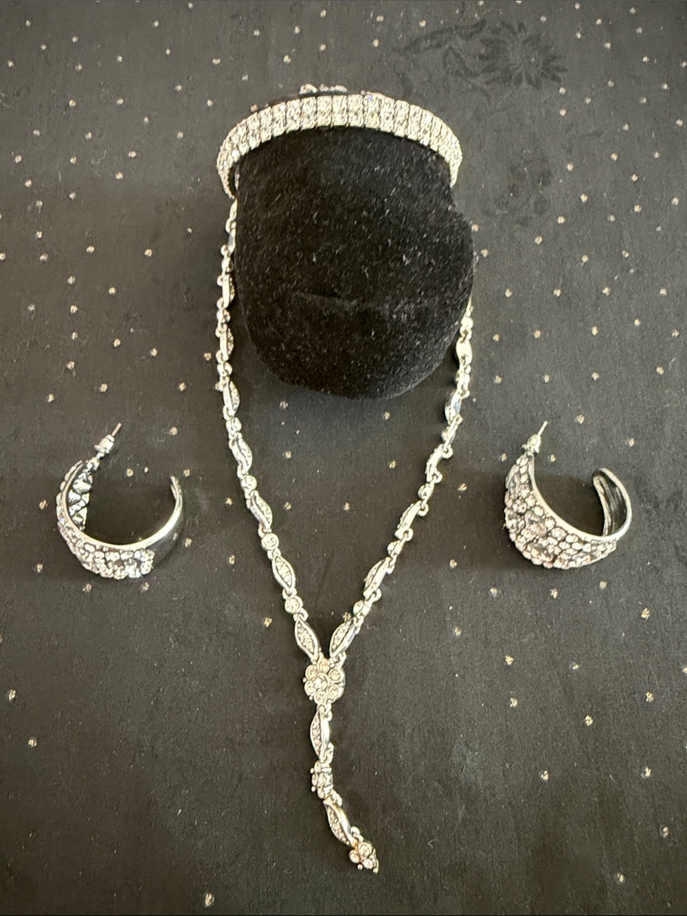 Rhinestone Silver-Tone Necklace, Bracelet and Hoop Earring Set
